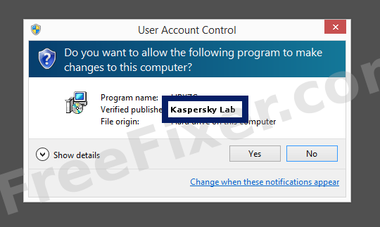 Screenshot where Kaspersky Lab appears as the verified publisher in the UAC dialog